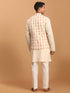 Men's Cream Leaf Printed Pure Cotton Nehru Jacket With Short Kurta And Pant Set